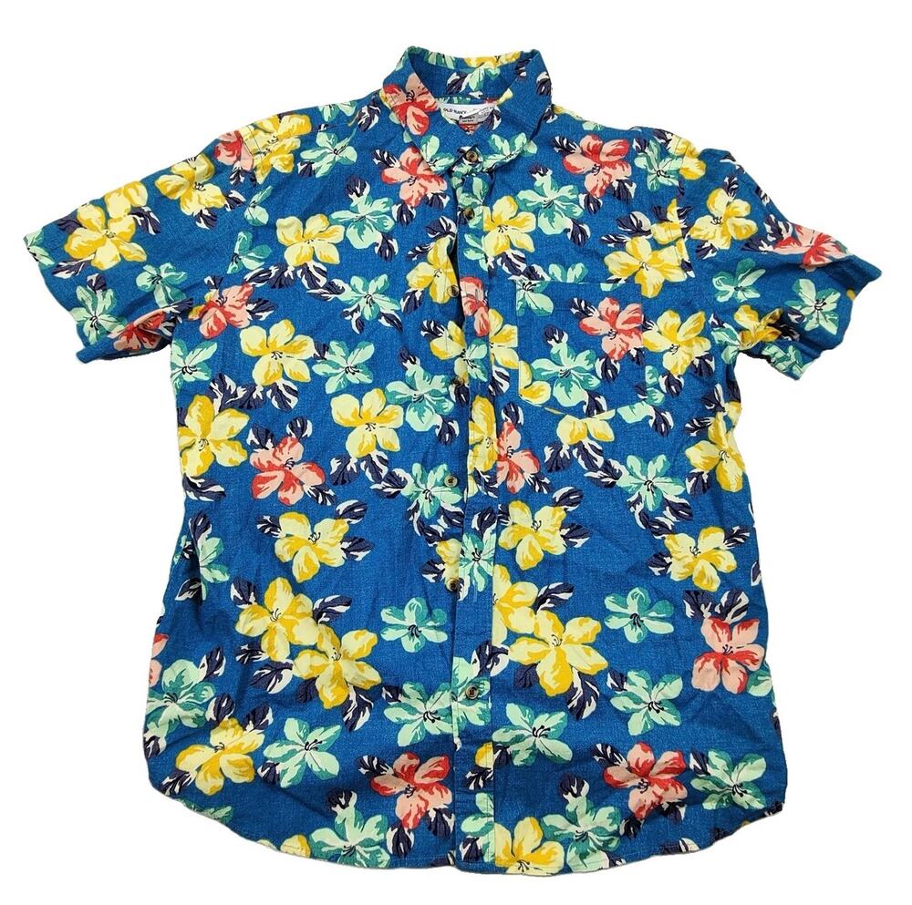 Old Navy Shirt Mens Large Blue Hawaiian Floral Short Sleeve Button Up Stretch